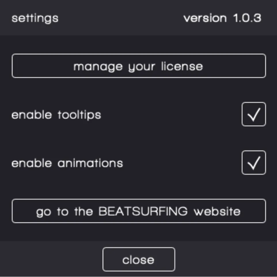Settings panel with Manage your license, Enable tooltips, Enable animations and a link to the BEATSURFING website