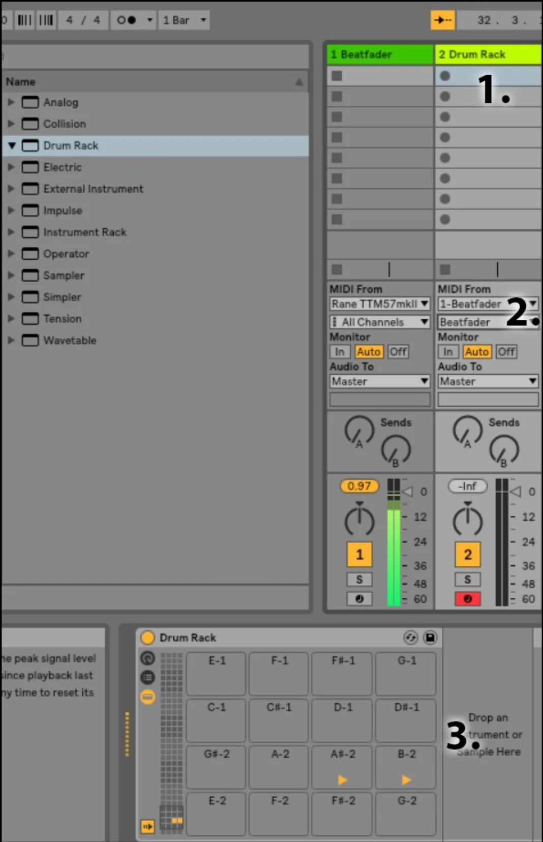 Ableton Live: a second MIDI track with a Drum Rack receiving MIDI from beatfader