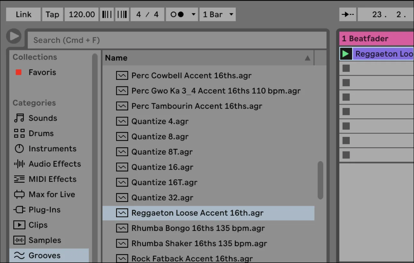 Ableton Live groove pool with a groove dragged onto the beatfader track