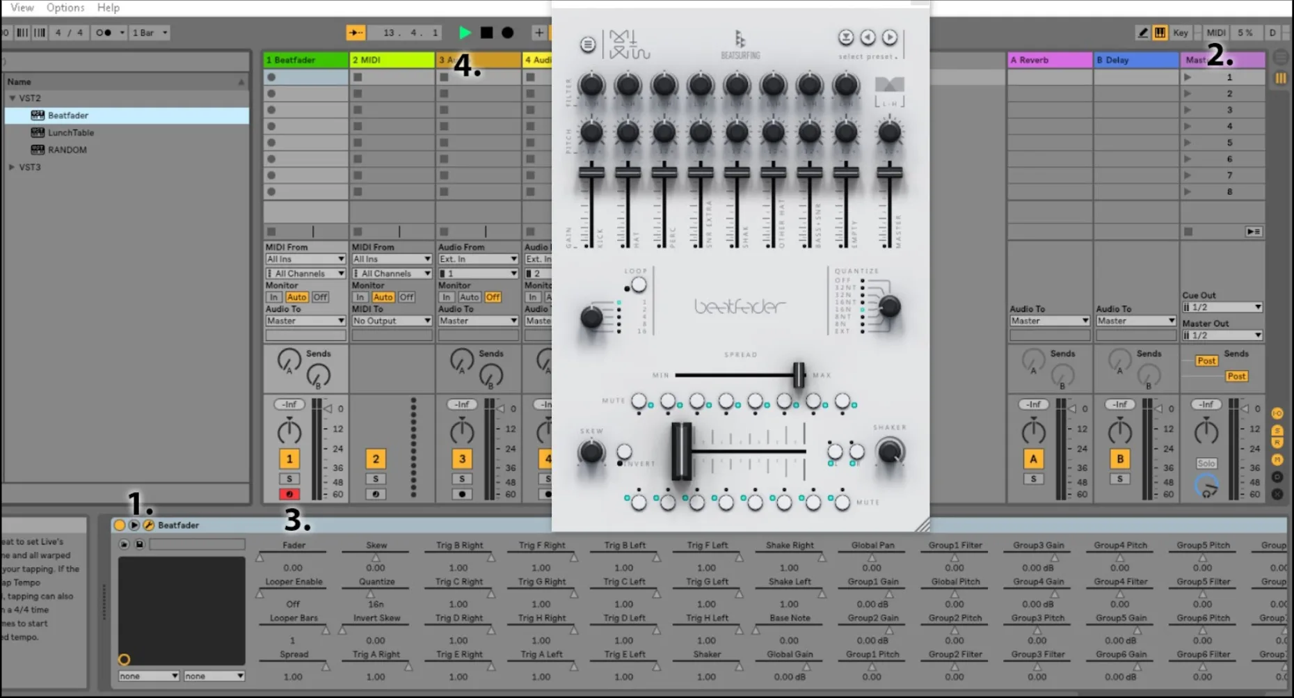 Ableton Live in MIDI Map mode with beatfader's parameter view open