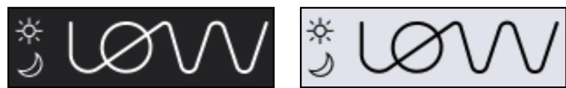 The LØW logo with the sun and moon icons, in dark mode and in light mode
