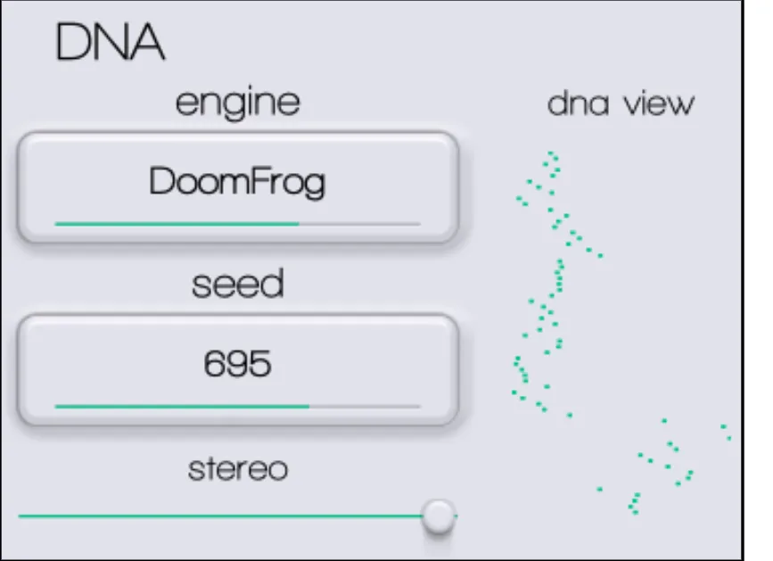 DNA section: engine selector, seed value, stereo slider and DNA view