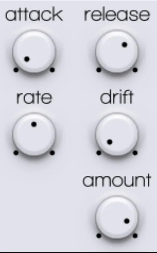 Envelope knobs: attack, release, rate, drift and amount