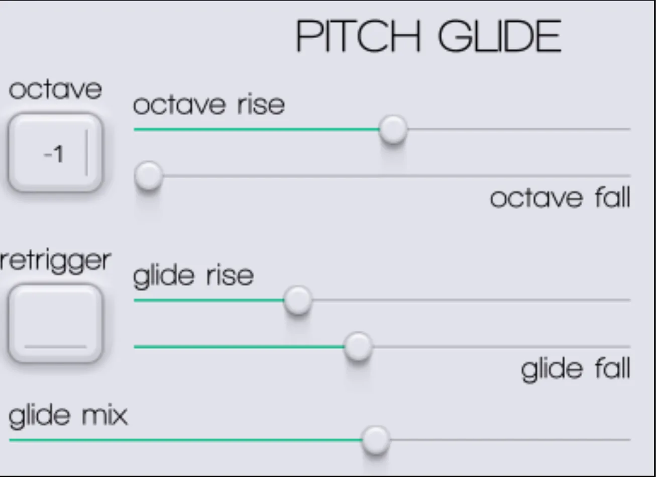 Pitch Glide panel: octave, octave rise and fall, retrigger, glide rise and fall, glide mix