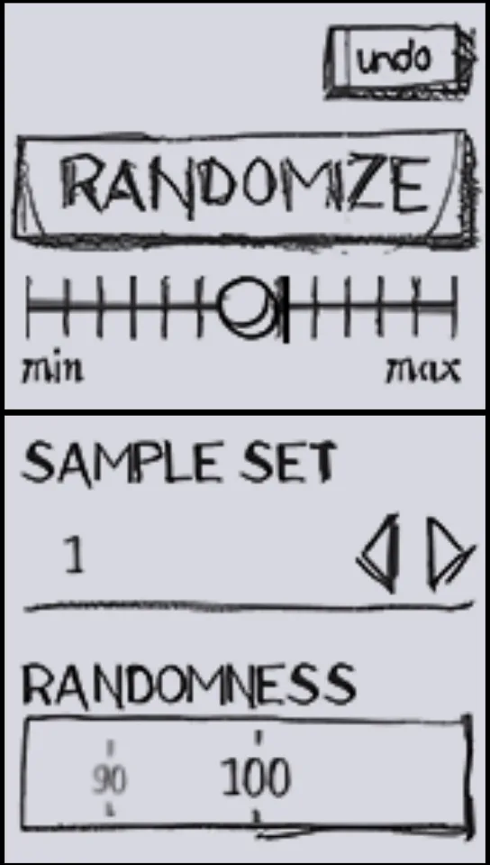Randomize button with undo and min/max slider, Sample Set selector and Randomness value