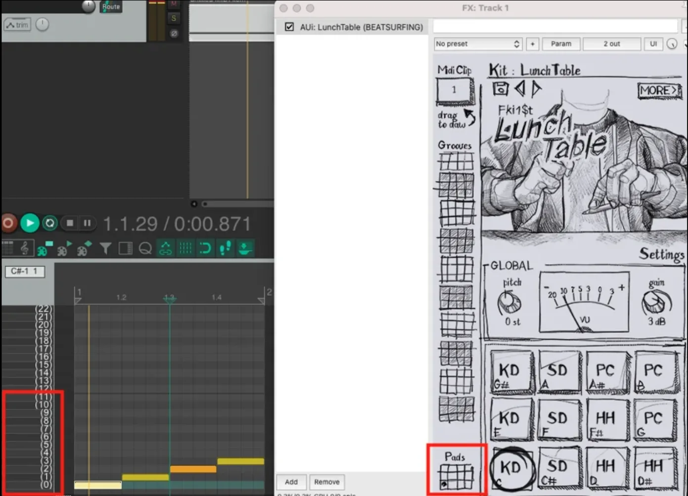 LunchTable in Reaper: the one-shot notes at the bottom of the piano roll, from C-1 to B-1, and the Pads view of the plugin highlighted