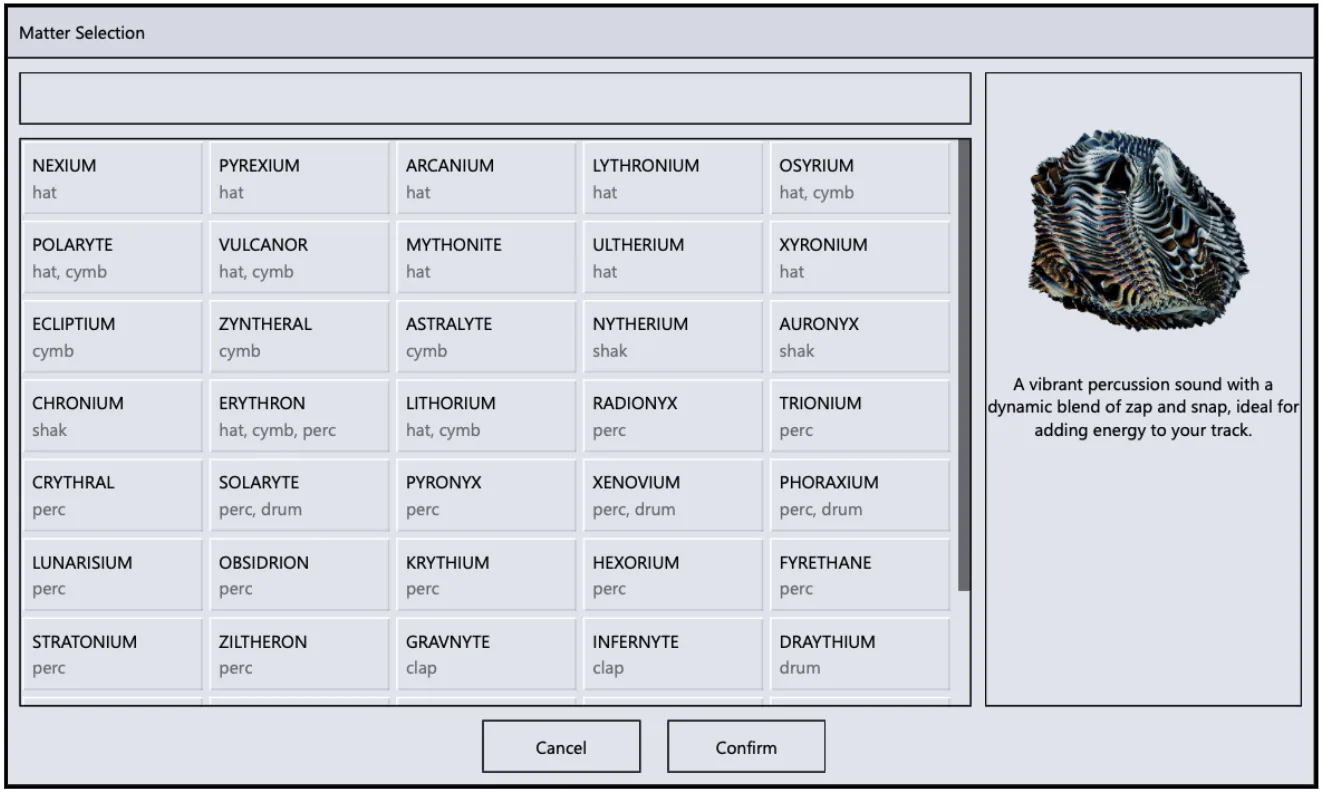 Matter Selection window listing the engines with their categories, and a preview of the selected matter