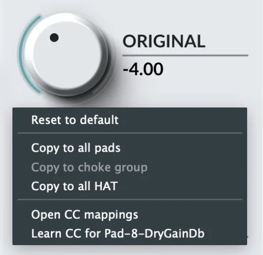 Right-click menu on the Original knob: Reset to default, Copy to all pads, Copy to choke group, Copy to all HAT, MIDI mapping options