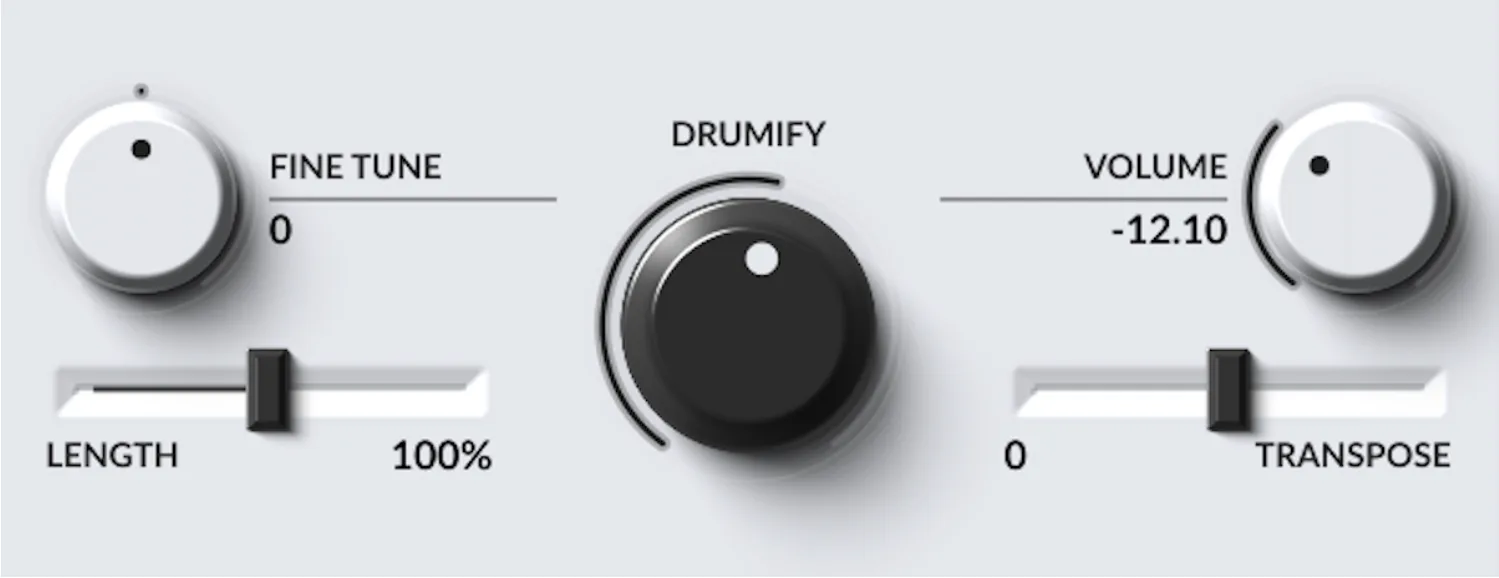Global controls: Fine tune, Drumify and Volume knobs, Length and Transpose faders