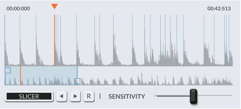 Slicer enabled with slice markers, arrows, R button and Sensitivity fader