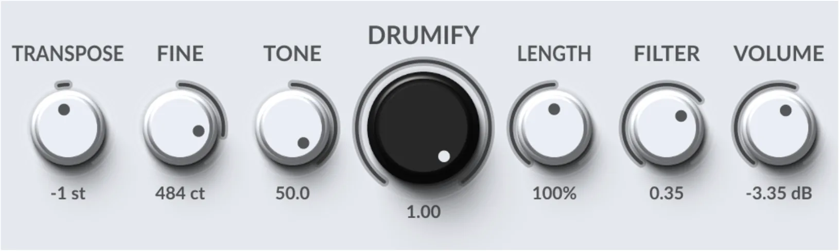 Global knobs: Transpose, Fine, Tone, Drumify, Length, Filter, Volume